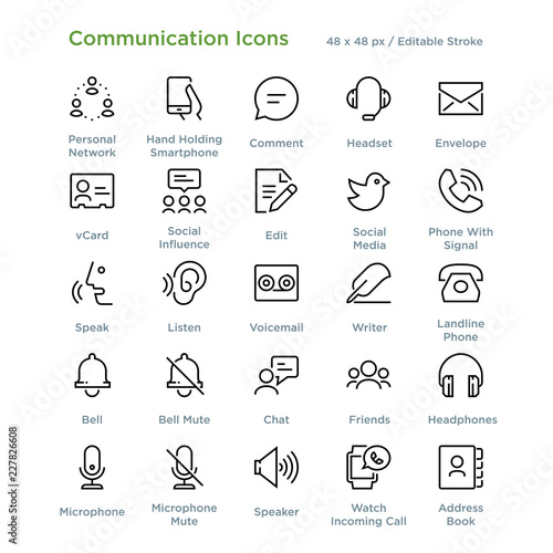 Communication Icons - Outline styled icons, designed to 48 x 48 pixel grid. Editable stroke.
