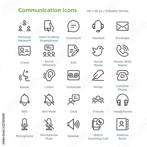 Communication Icons - Outline styled icons, designed to 48 x 48 pixel grid. Editable stroke. photo