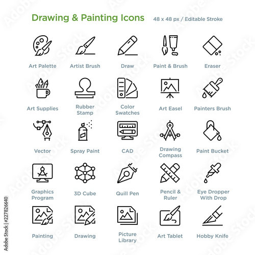 Drawing And Painting Icons - Outline styled icons, designed to 48 x 48 pixel grid. Editable stroke.