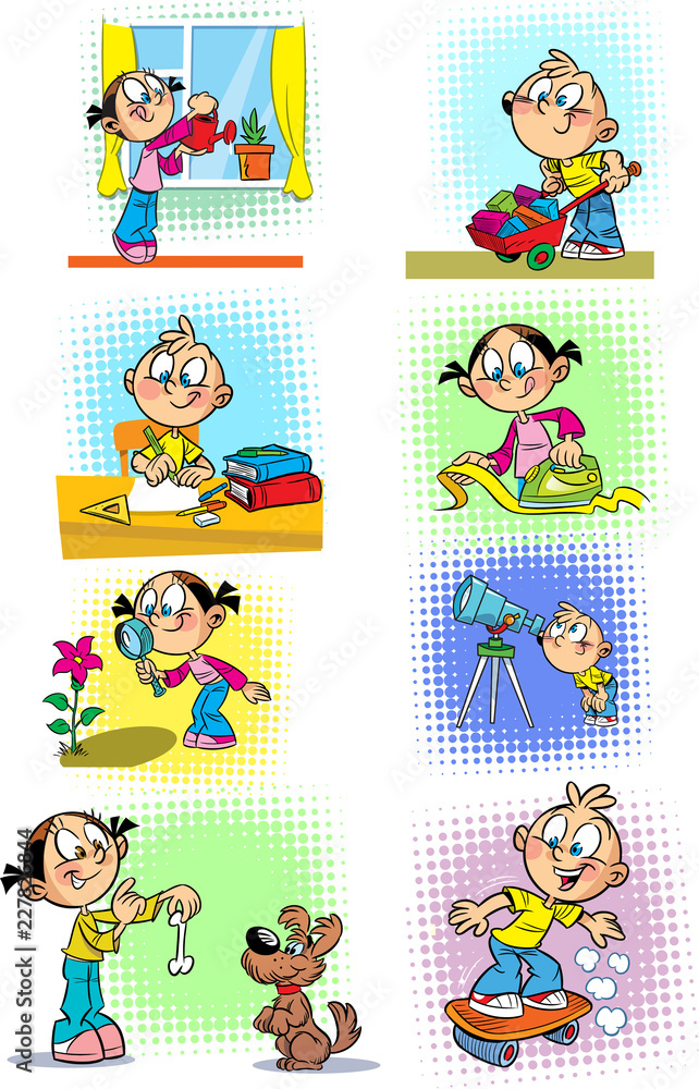 The illustration shows some housework for children. Rest and domestic work during the day. The illustration is made in vector, in cartoon style, on separate layers. The illustration shows some housework for children. Rest and domestic work during the day. The illustration is made in vector, in cartoon style, on separate layers.
