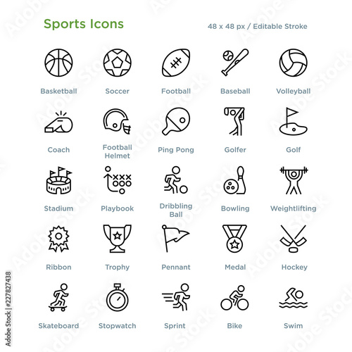 Sports Icons - Outline styled icons, designed to 48 x 48 pixel grid. Editable stroke.