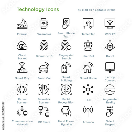 Technology Icons - Outline styled icons, designed to 48 x 48 pixel grid. Editable stroke.