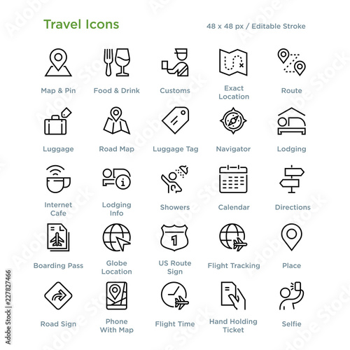 Travel Icons - Outline styled icons, designed to 48 x 48 pixel grid. Editable stroke.