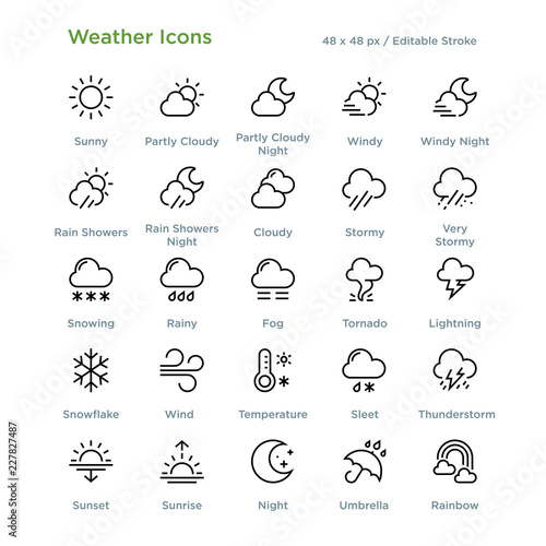 Weather Icons - Outline styled icons, designed to 48 x 48 pixel grid. Editable stroke.