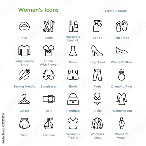 Women’s Icons - Outline styled icons, designed to 48 x 48 pixel grid. Editable stroke.