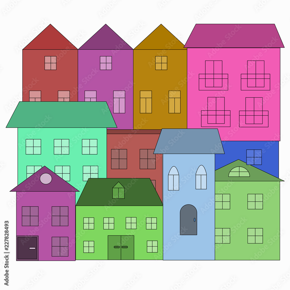 Houses in doodle style. Colorful buildings.