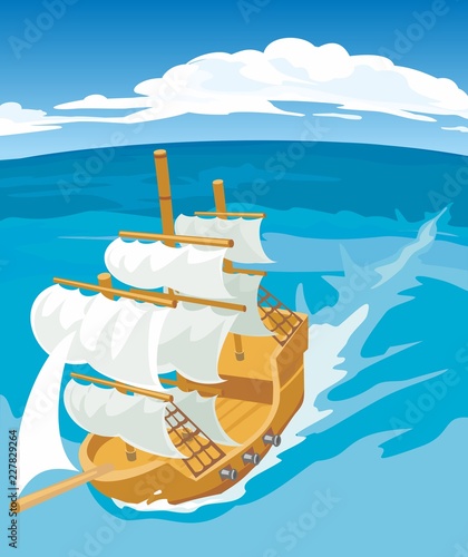 Old sailing ship. Vector flat illustration