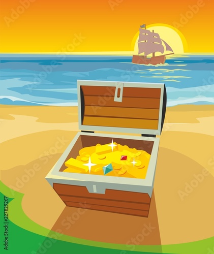 Treasure Chest on a desert island. Vector flat color illustration