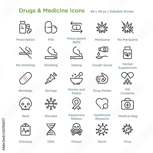 Drugs And Medicine Icons - Outline styled icons, designed to 48 x 48 pixel grid. Editable stroke.