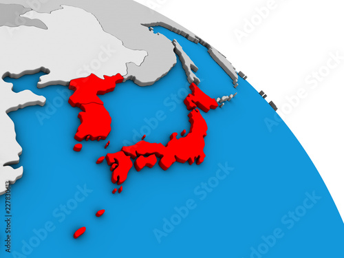 Japan and Korea on simple blue political 3D globe.