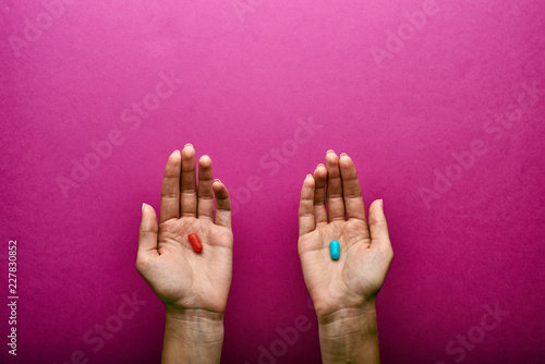 The choice between the red and blue tablet, pill in the matrix. A reference to the famous film 