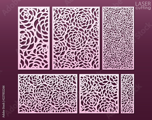 Laser and die cut ornamental panels template set with pattern of peony flowers. Ratio 1:1, 1:2, 1:3, 1:4, 2:3, 3:4. Cabinet fretwork panel. Lasercut metal panel. Wood carving.