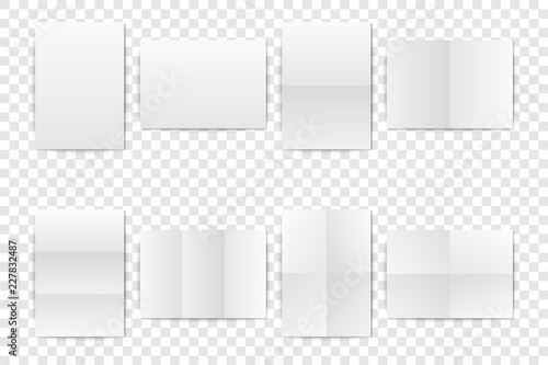 Vector Realistic White Blank Vertical A4 Folded Paper Sheet, Poster, Opened Booklet mock-up set closeup isolated. Design Template for Mockup of Empty Paper Cover or Flyer. Front or Top view