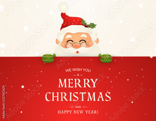 We Wish you a Merry Christmas. Happy new year. Santa Claus character with big signboard. Merry Santa Clause with jingle bell. Holiday greeting card with Christmas snow. Isolated vector illustration.