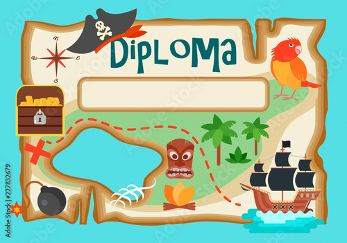 Diploma for participants in the treasure hunt quest on a treasure island map.
