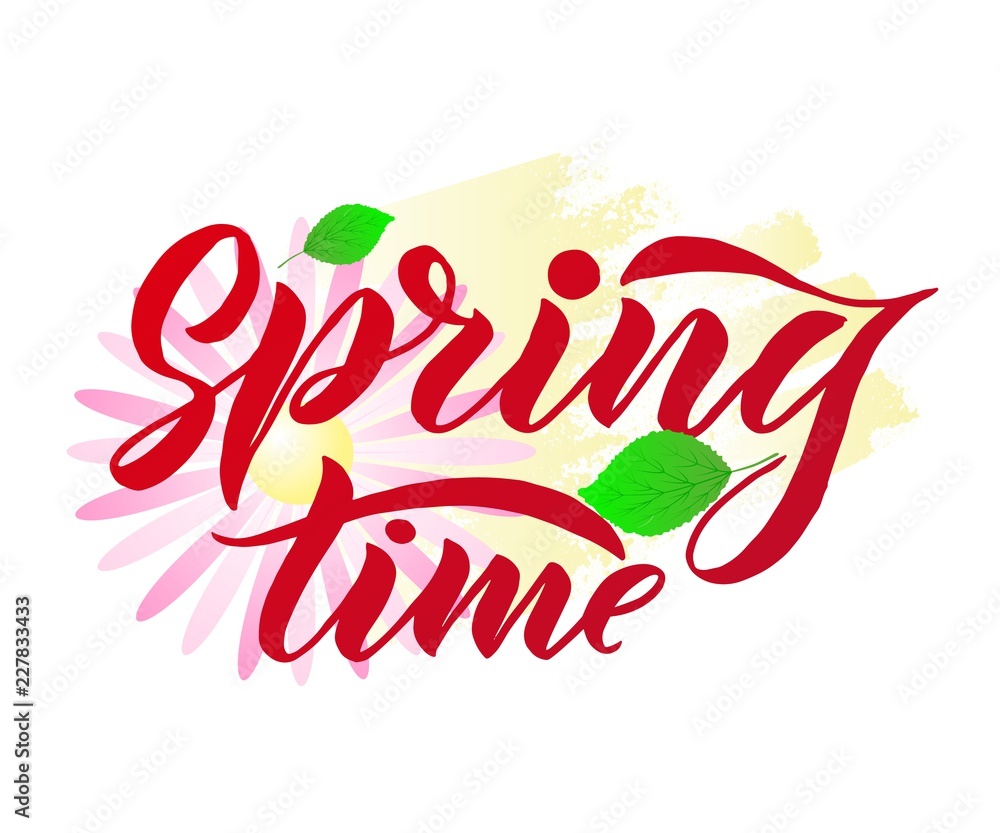 Obraz premium Phrase Spring Time with green leaves. Vector season quote.