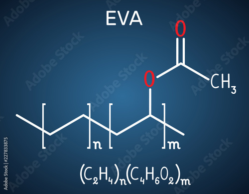 Ethylene-vinyl acetate (EVA). It is is the copolymer of ethylene and vinyl acetate. Structural chemical formula on the dark blue background