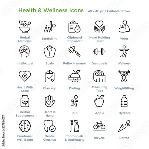 Health And Wellness Icons - Outline styled icons, designed to 48 x 48 pixel grid. Editable stroke.