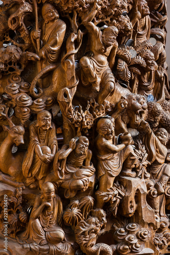 Wooden carved Eighteen (18) Arhats at Jade Buddha Temple (Shanghai, China)