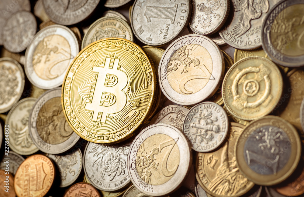 bitcoin with money coins background. Bitcoin cryptocurrency banking money.Background of Euro coins money.United kingdom Pound coin.US coins.Group of coins bitcoin with money coins background. Bitcoin cryptocurrency banking money.Background of Euro coins money.United kingdom Pound coin.US coins.Group of coins