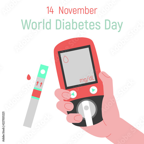 The concept of the day of diabetes. World Diabetes Day Banner with a glucometer in hand. Vector illustration