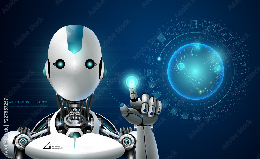 Naklejka premium robot artificial intelligence technology smart lerning hologram interface monitor by ai technology industrial 4.0 control