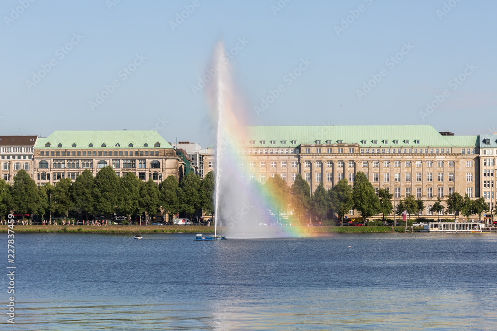 Obraz View of Alster lake, Hamburg, Germany, Fountain with a rainbow