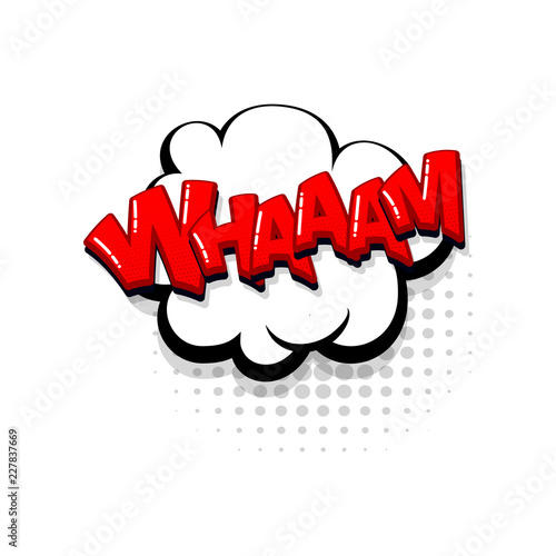 Whaam comic text collection sound effects pop art style. Set vector speech bubble with word and short phrase cartoon expression illustration. Comics book red colored background template.