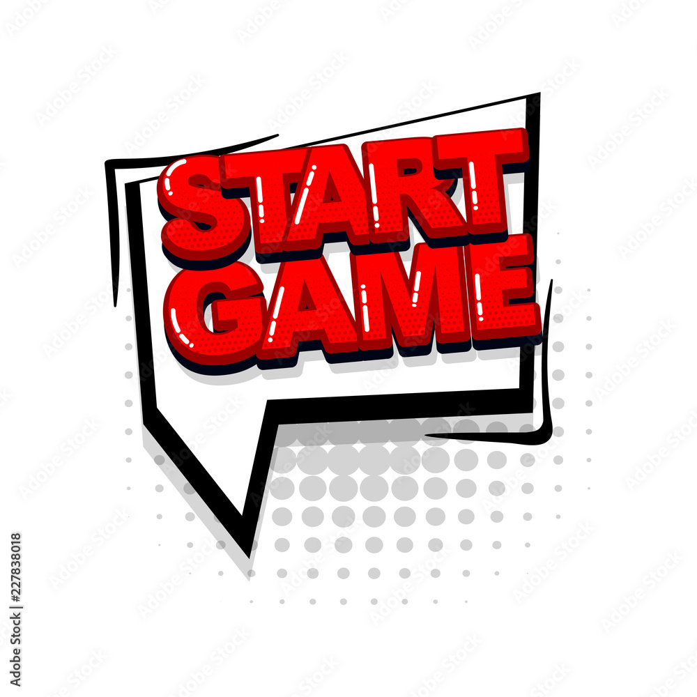 Start game comic text collection sound effects pop art style. Set vector speech bubble with word and short phrase cartoon expression illustration. Comics book red colored background template. Start game comic text collection sound effects pop art style. Set vector speech bubble with word and short phrase cartoon expression illustration. Comics book red colored background template.