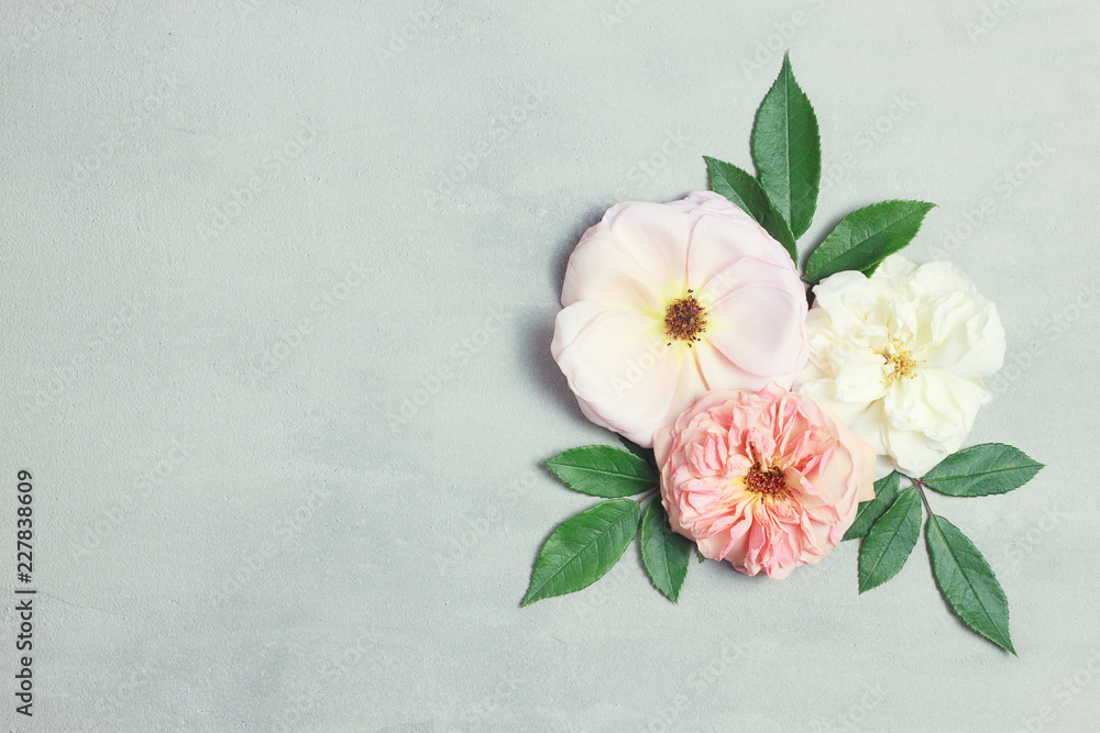 Festive flower composition on gray background. Top view. Overhead Festive flower composition on gray background. Top view. Overhead