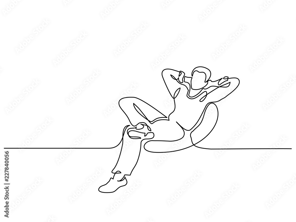 Continuous one line drawing. Young man relaxing in armchair, sitting. Vector illustration - obrazy, fototapety, plakaty 