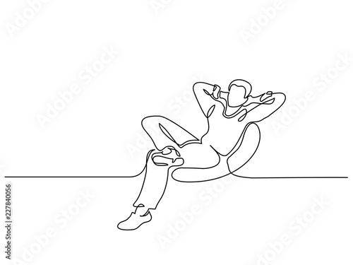 Continuous one line drawing. Young man relaxing in armchair, sitting. Vector illustration