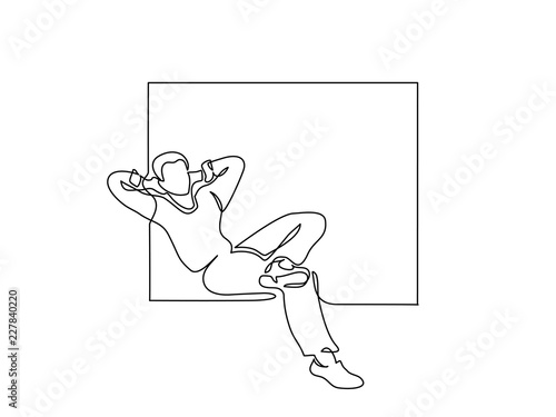 Continuous one line drawing. Young man relaxing in window, sitting. Vector illustration