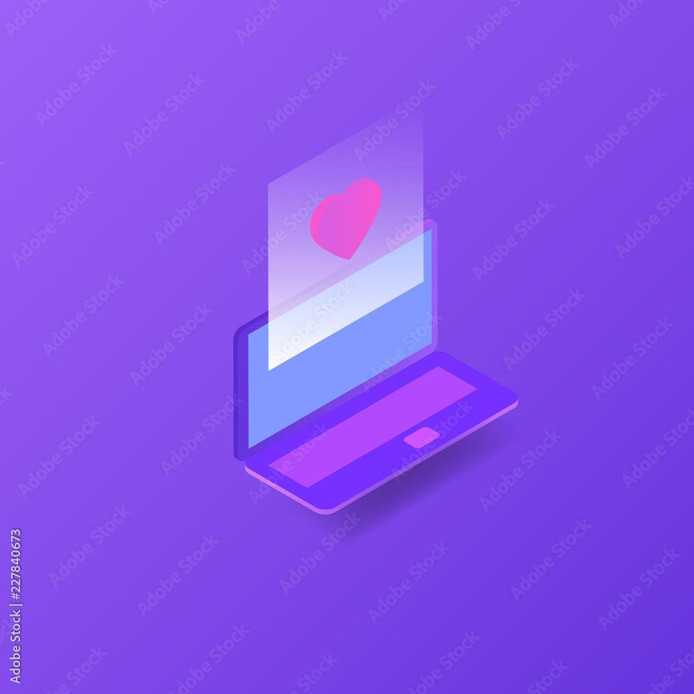 Laptop, heart, social network. Vector isometric illustration. Laptop, heart, social network. Vector isometric illustration.