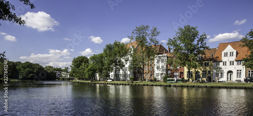 Trave river in the old town Lubec, Germany
