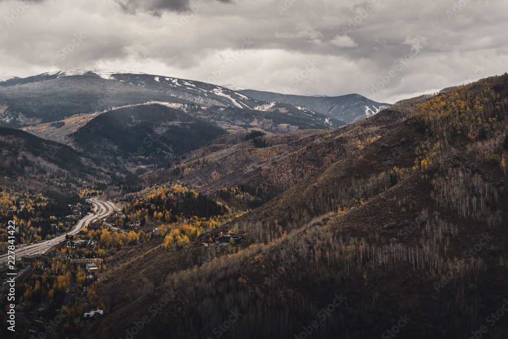 Fototapeta premium Landscape view of Vail Valley after after an autumn snow storm. 