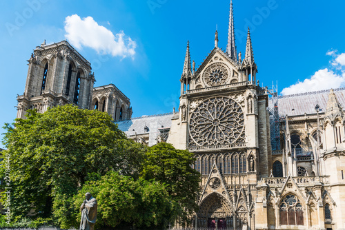 Right side of world famous Notre Dame cathedral in Paris