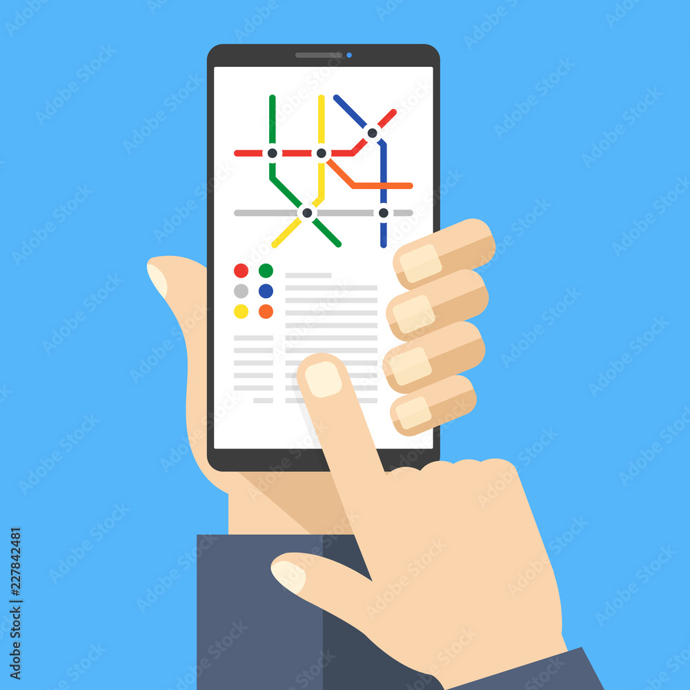 Subway map on smartphone screen. Metro app with metro map. Hand holding mobile phone, finger touching screen. Navigation, location concepts. Modern flat design. Vector illustration Subway map on smartphone screen. Metro app with metro map. Hand holding mobile phone, finger touching screen. Navigation, location concepts. Modern flat design. Vector illustration