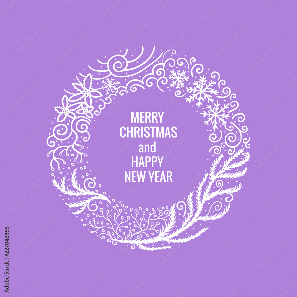Card Merry Christmas and Happy New Year. Round frame hand drawn yellow color ornaments. Vector illustration isolated on lilac background.
