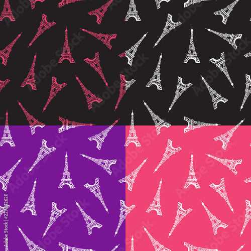 Set Seamless pattern. Modern design print fabric. Illustration white ink Eiffel Tower. Abstract ornament hand drawing. Vector illustration is isolated v