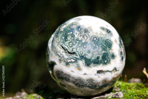 Orbicular ocean jasper sphere with crystallized vugs from Madagascar on moss, bryophyta and bark, rhytidome in forest preserve.