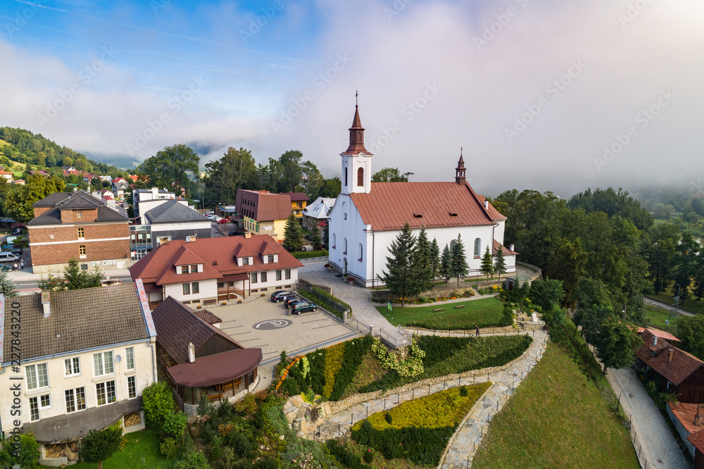 Church in Piwniczna Zdroj aerial view