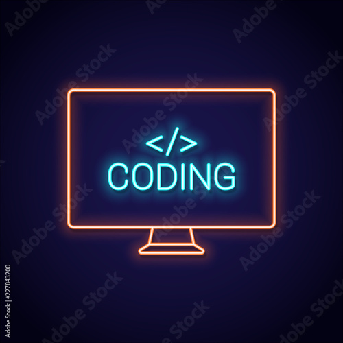 Coding neon sign. Pc monitor with programming neon banner on brick background