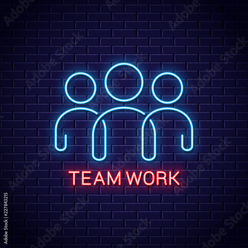 Teamwork neon sign. Team work banner with neon line on wall background