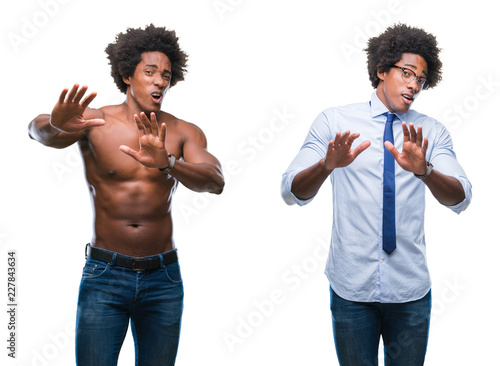 Collage of african american shirtless and business man over isolated background afraid and terrified with fear expression stop gesture with hands, shouting in shock. Panic concept.