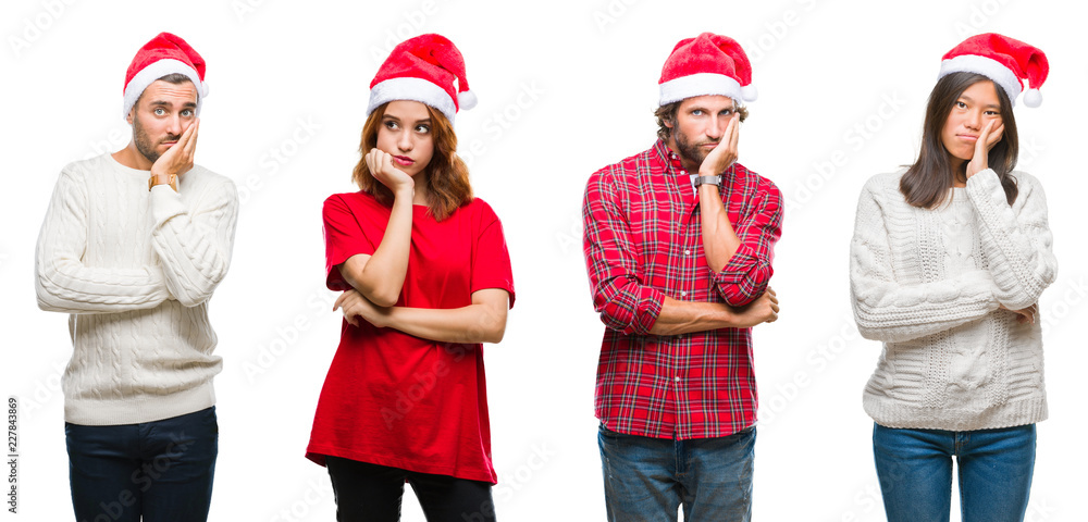 Collage of group of people wearing christmas hat over isolated background thinking looking tired and bored with depression problems with crossed arms.