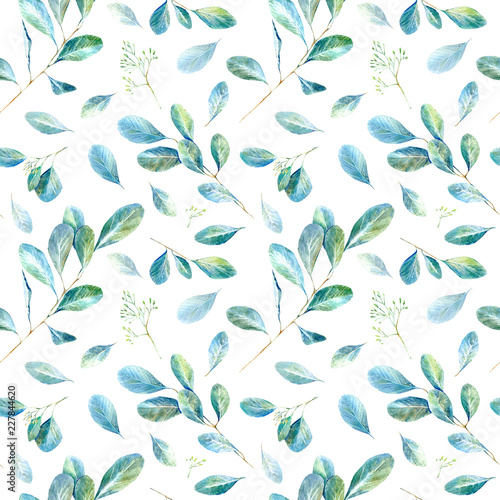 Floral seamless pattern.Eucalyptus branches.Image for fabric  paper and other printing and web projects.Watercolor hand drawn illustration.White background.