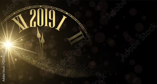 New Year 2019 shiny poster with golden clock.