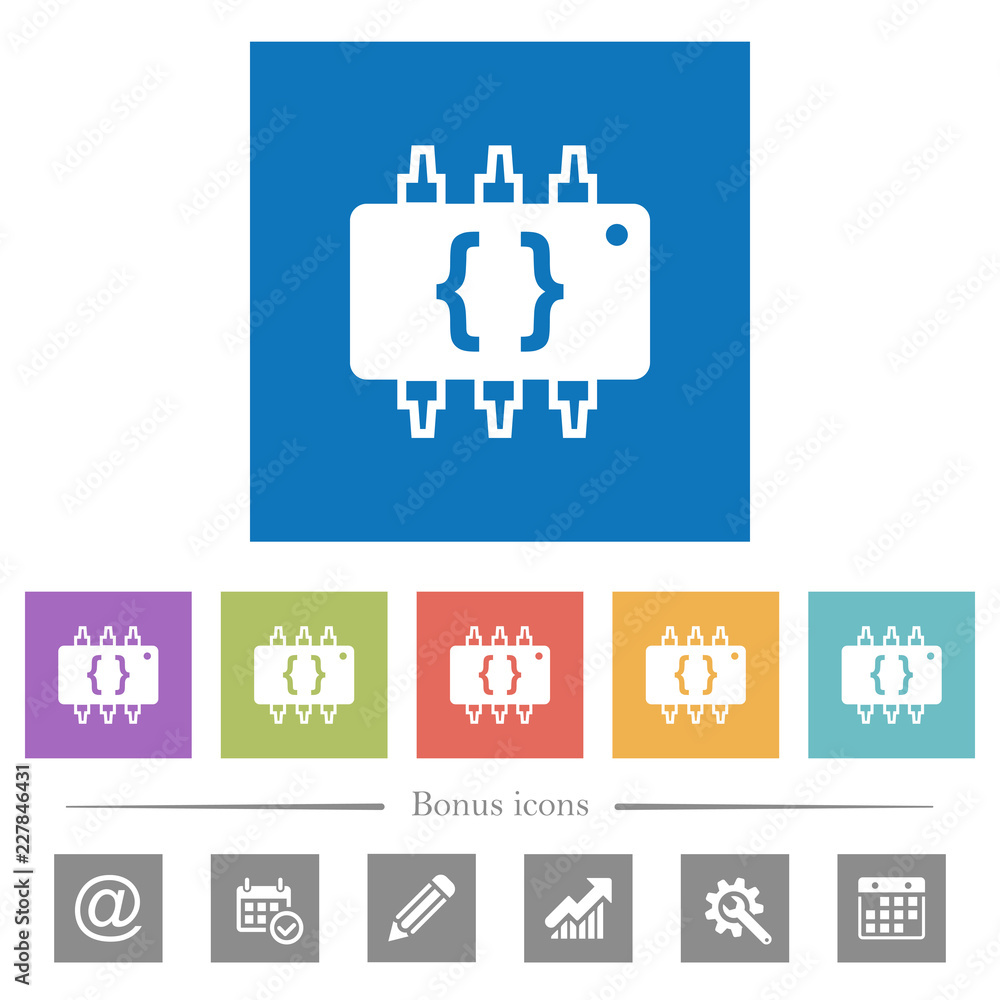 Hardware programming flat white icons in square backgrounds Hardware programming flat white icons in square backgrounds