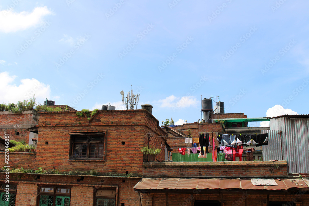 The old house with bricks and clothes line in Bhaktapur